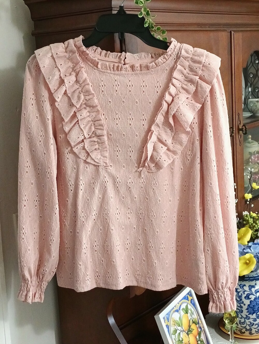 NWOT Shein Blush Pink Eyelet Ruffle Poet Top (M)